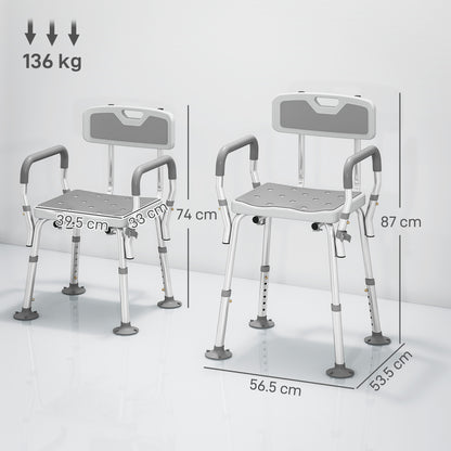 Padded Shower Stool with Arms and Back, 4 Suction Foot Pads, Grey