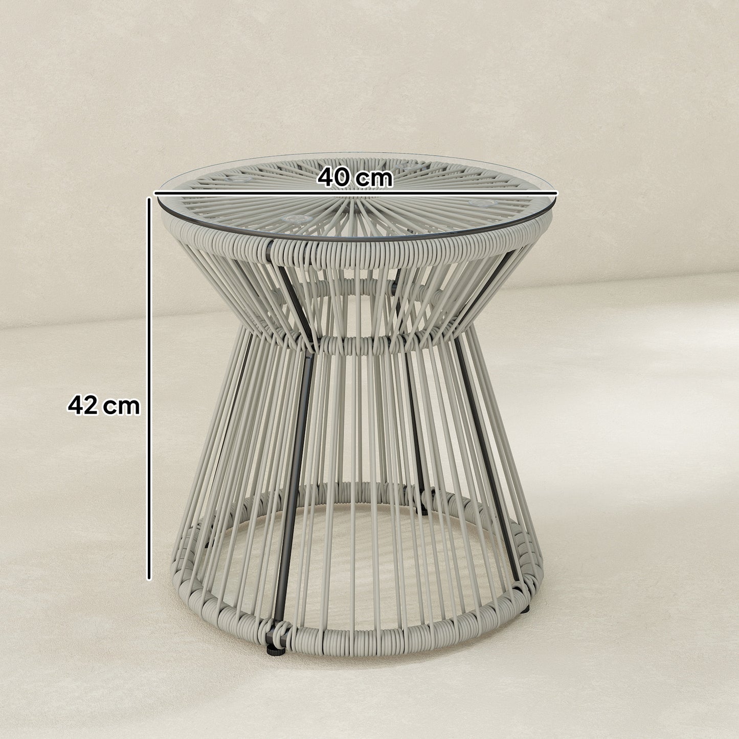 Rattan End Table, Round Hollow Drum Design Side Table, Light Grey