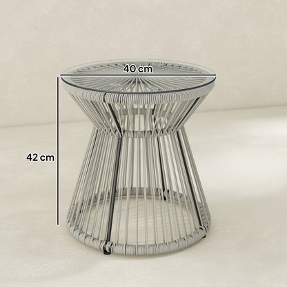 Rattan End Table, Round Hollow Drum Design Side Table, Light Grey