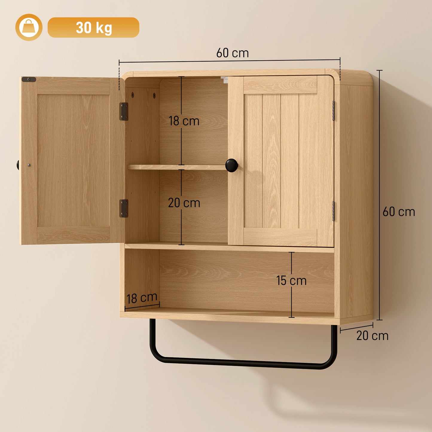 Bathroom Cabinet with 2 Doors and Adjustable Shelf, Oak