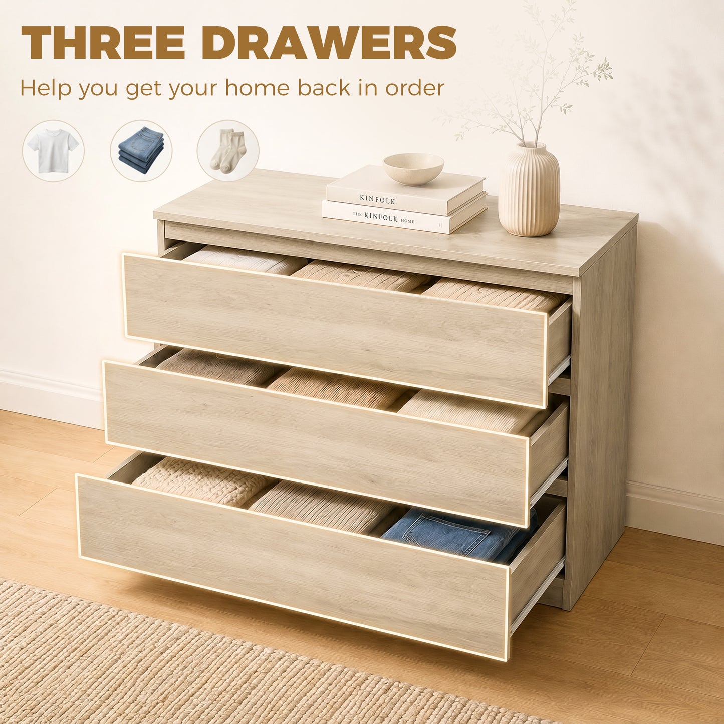 3-Drawer Storage Organiser Unit for Living Room, Oak