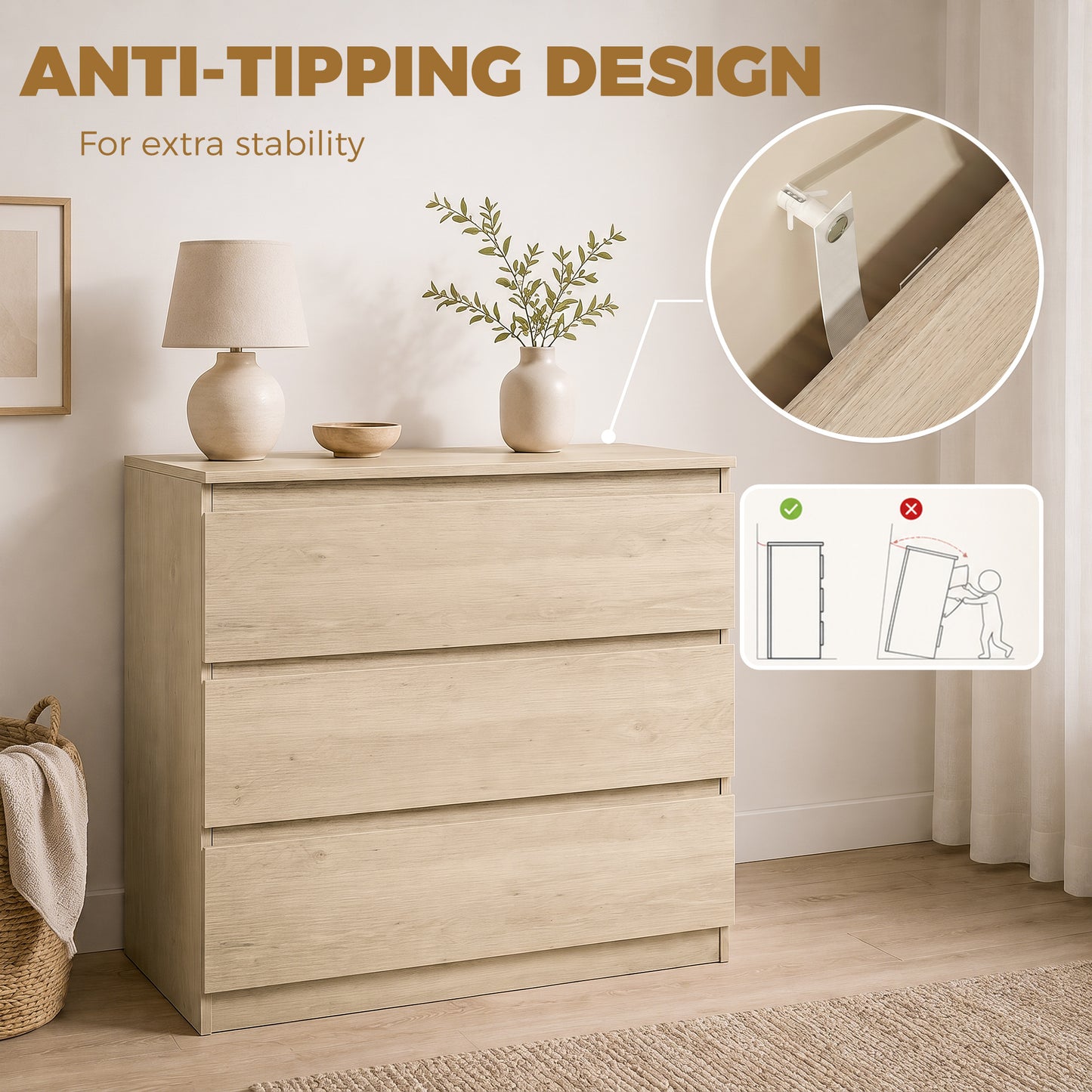 3-Drawer Storage Organiser Unit for Living Room, Oak
