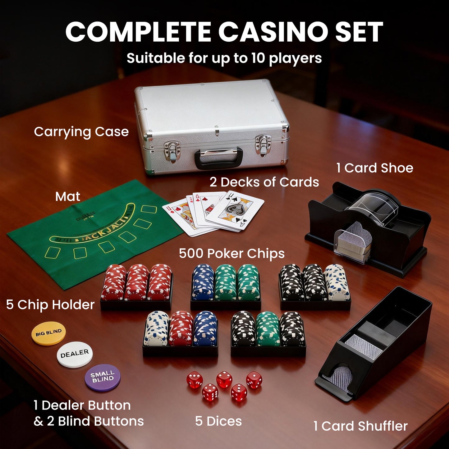 500-Piece Poker Chips Set with Card Shuffler, Card Shoe, ABS Case, Casino Texas Holdem Poker Set with Mat, 11.5g Poker Chips, Two Decks of Cards, Dealer, Blind Buttons, Five Dices, Silver
