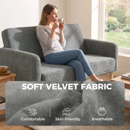 2 Seater Sofa, Velvet Small Couch with Plush Backrest, Grey