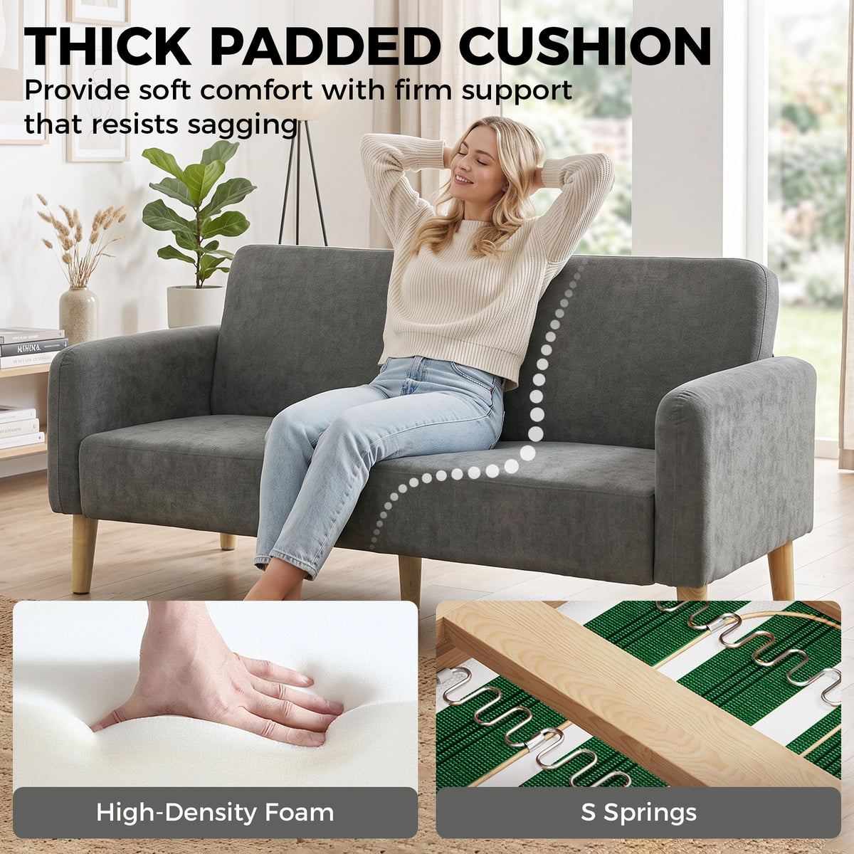 2 Seater Sofa, Velvet Small Couch with Plush Backrest, Grey