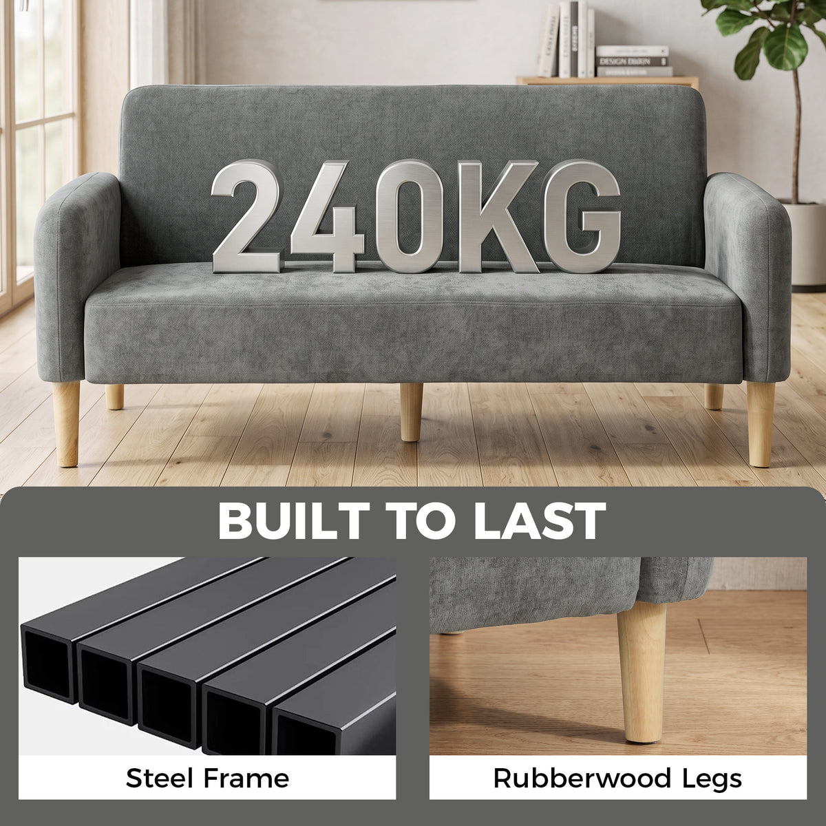 2 Seater Sofa, Velvet Small Couch with Plush Backrest, Grey
