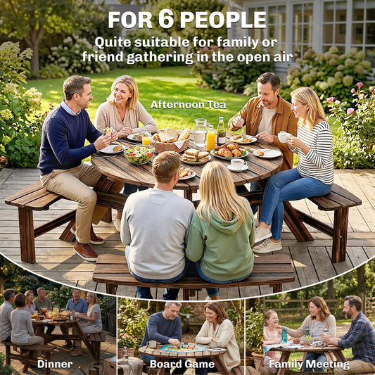 6 Person Fir Wood Table Bench Set Outdoor Garden Patio, Carbonized