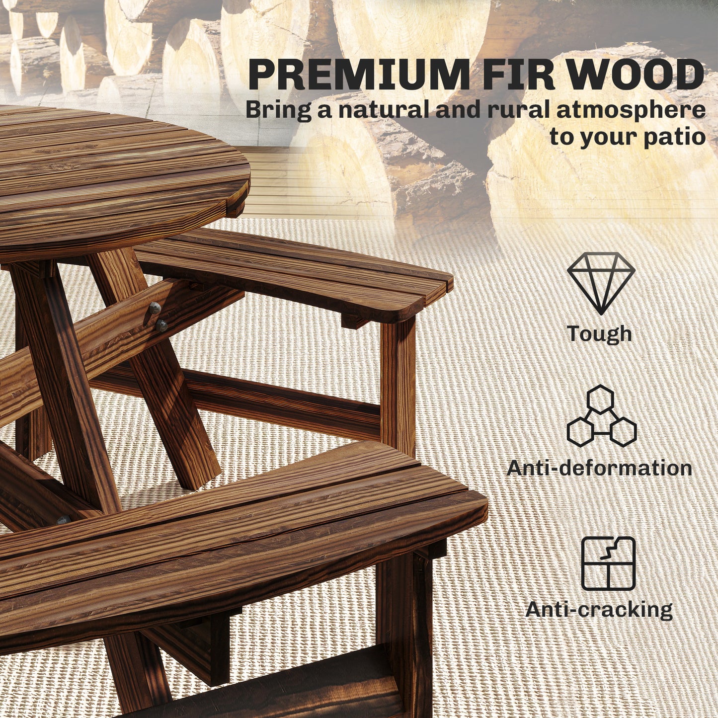 6 Person Fir Wood Table Bench Set Outdoor Garden Patio, Carbonized