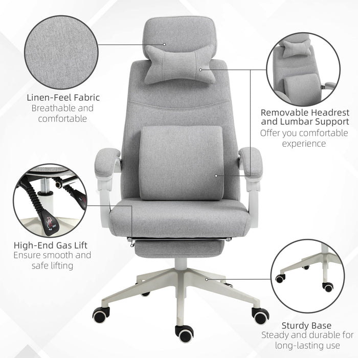 Home Office Chair w/ Manual Footrest Recliner Padded Modern Adjustable Swivel Seat w/ 2 Pillows Armrest Ergonomic Grey