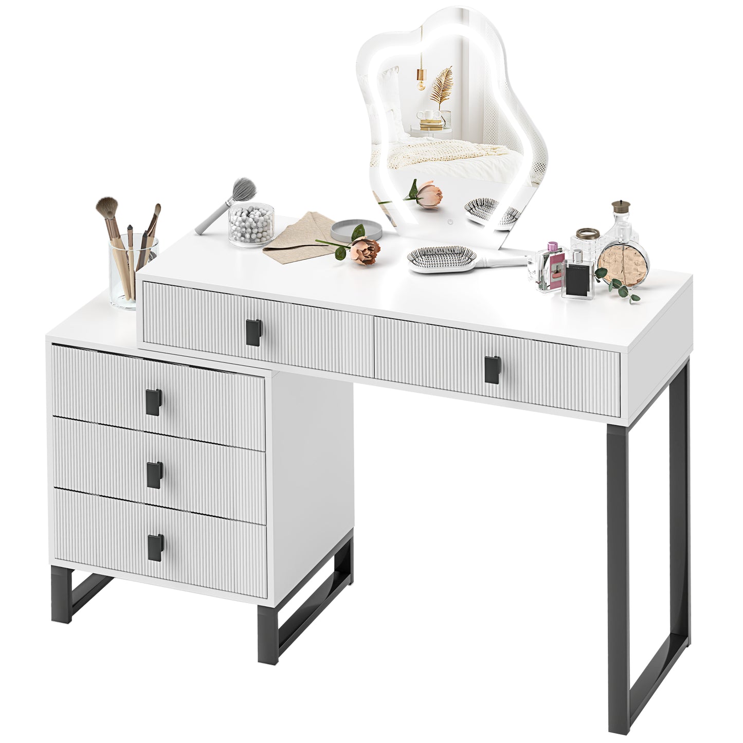 Dressing Table with LED Leaf Shape Mirror and 5 Drawers, White