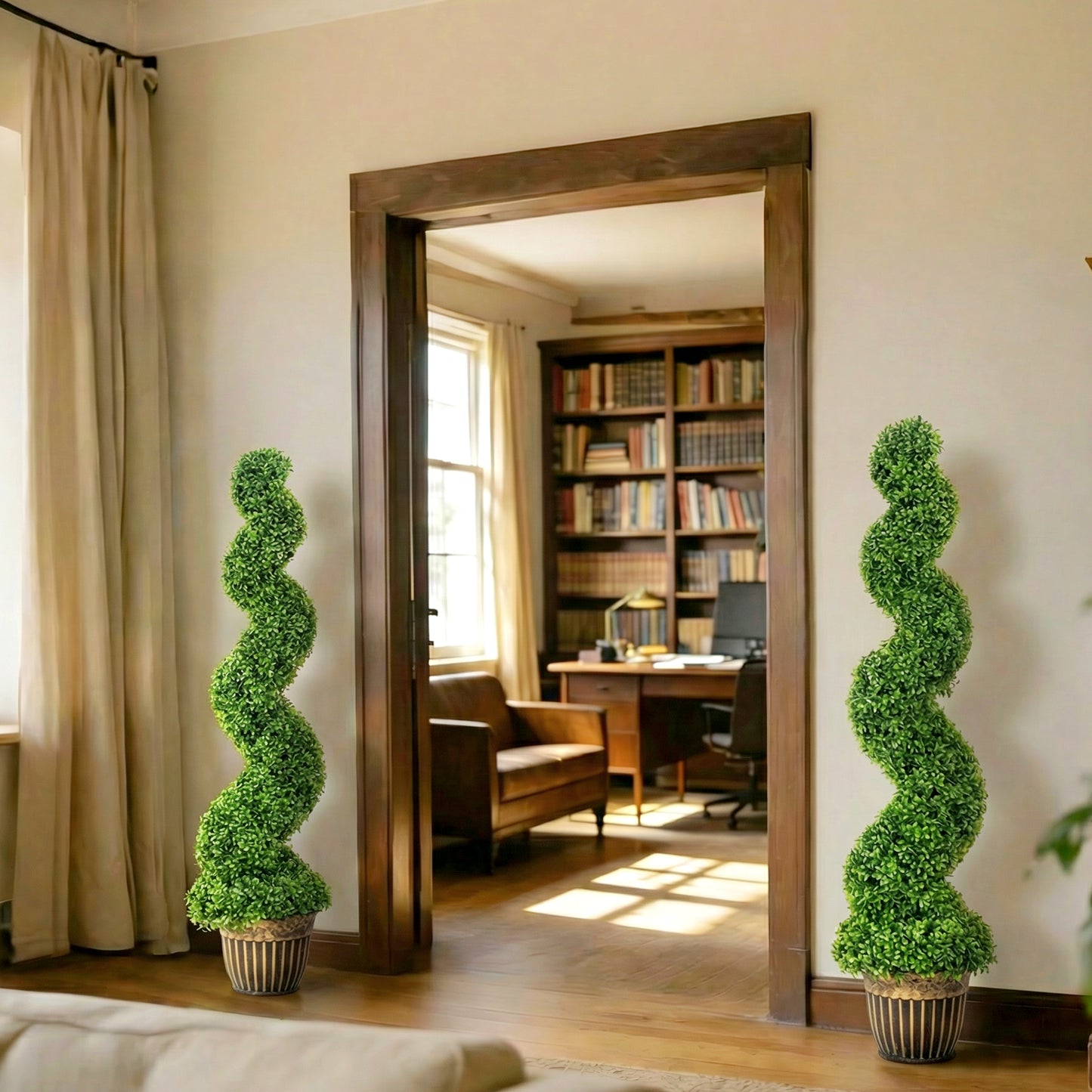 Set of 2 Potted Artificial Plants, Topiary Spiral Boxwood Trees