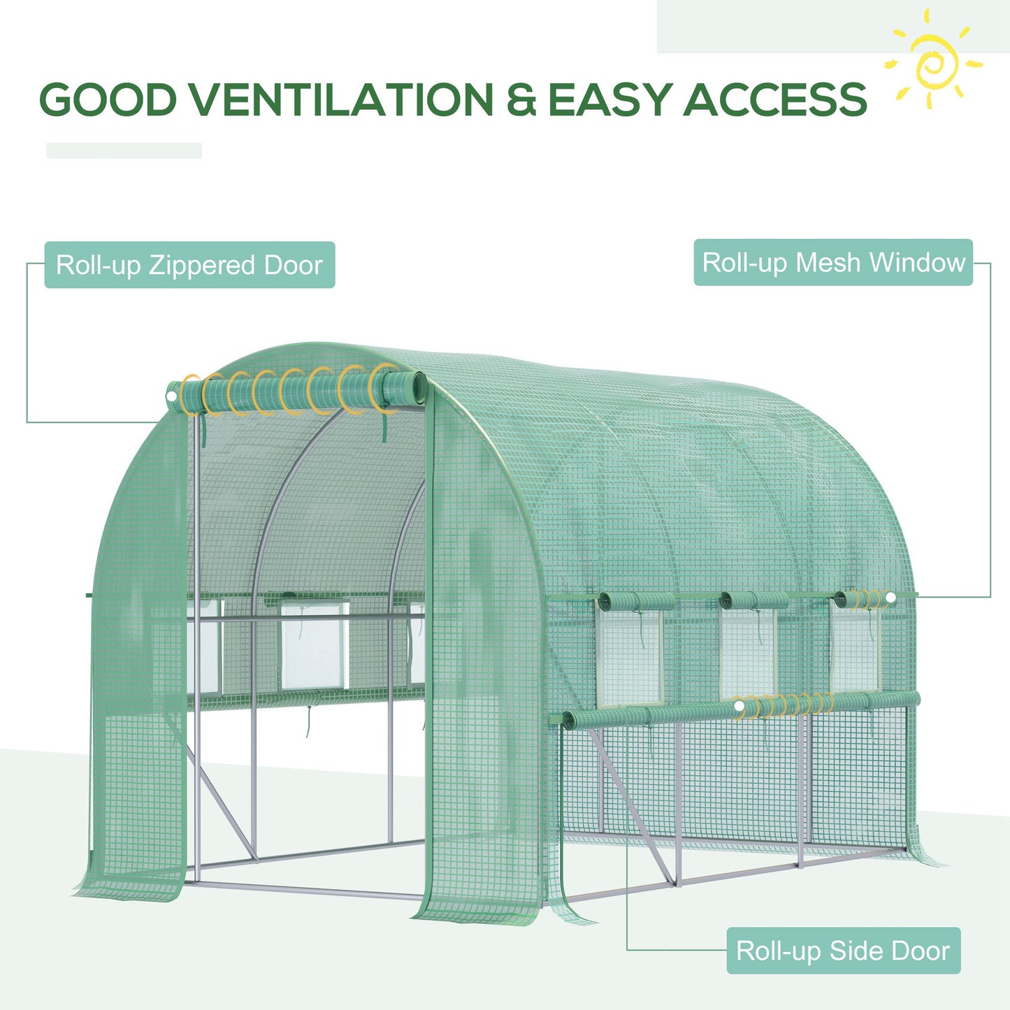 Walk In Greenhouse, Garden Polytunnel with PE Cover, Zipped Roll Up Door and 6 Mesh Windows, 3x2x2m, Green