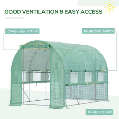 Walk In Greenhouse, Garden Polytunnel with PE Cover, Zipped Roll Up Door and 6 Mesh Windows, 3x2x2m, Green