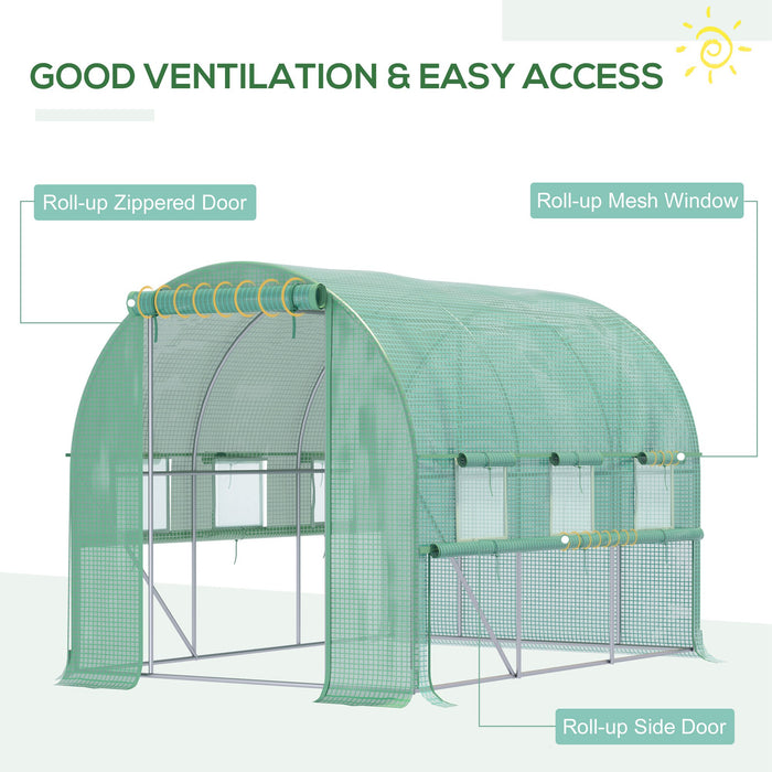 Walk In Greenhouse, Garden Polytunnel with PE Cover, Zipped Roll Up Door and 6 Mesh Windows, 3x2x2m, Green