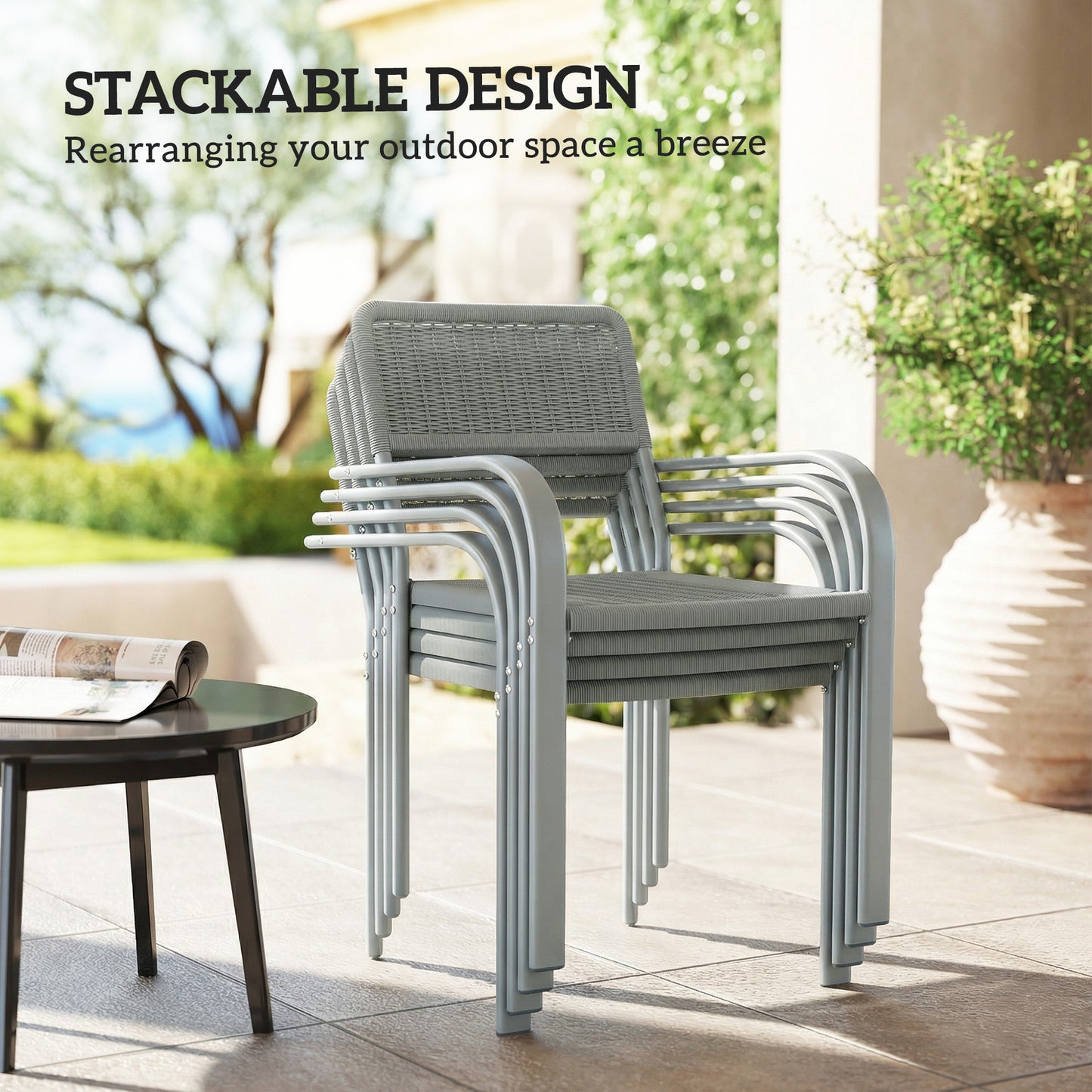 Garden Chairs Set of 4, Stackable & Rattan Effect, Light Grey