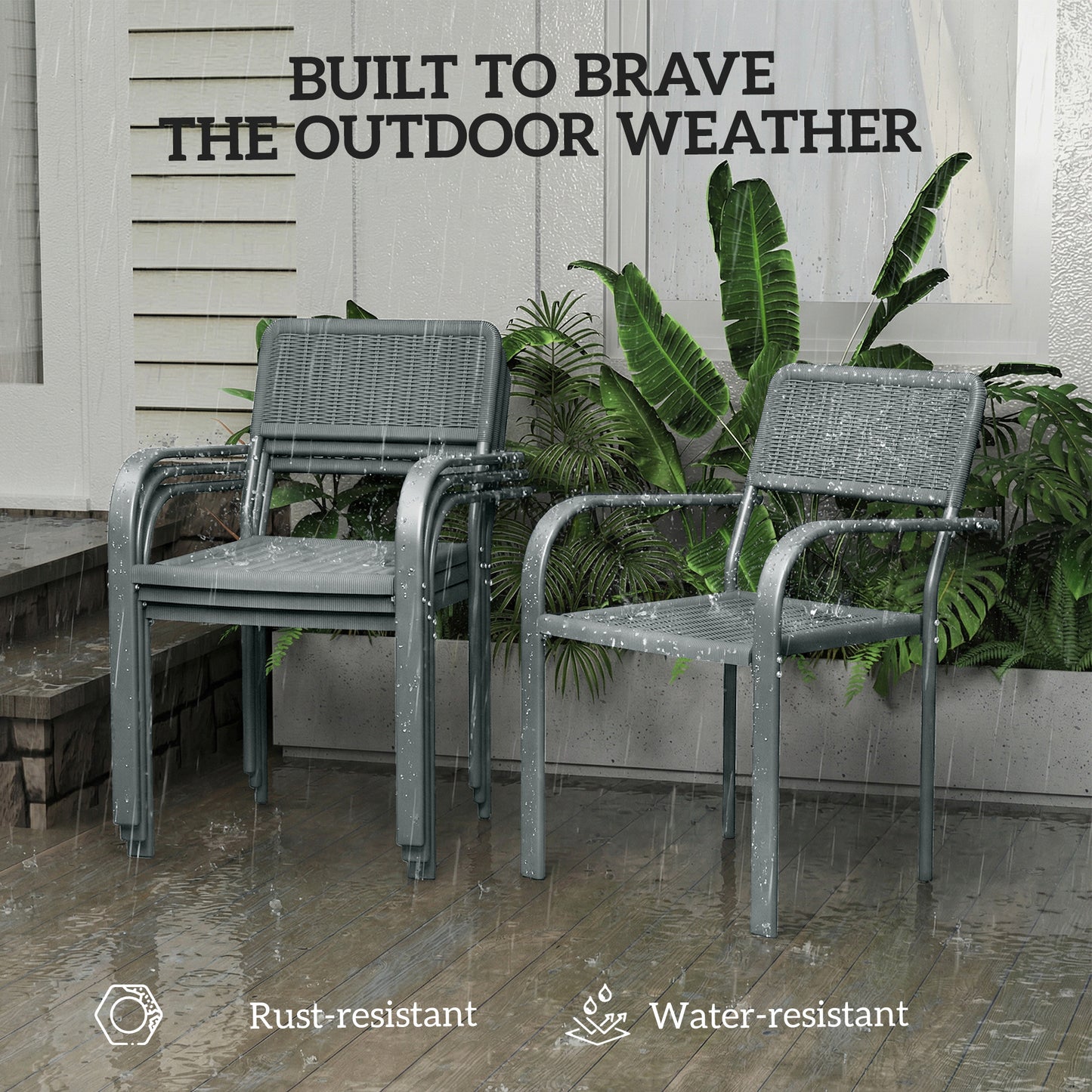 Garden Chairs Set of 4, Stackable & Rattan Effect, Light Grey