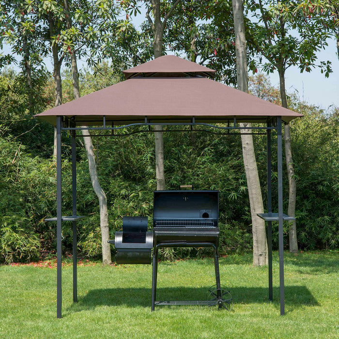 8 ft New Double-Tier BBQ Gazebo Grill Canopy Barbecue Tent Shelter Patio Deck Cover - Coffee