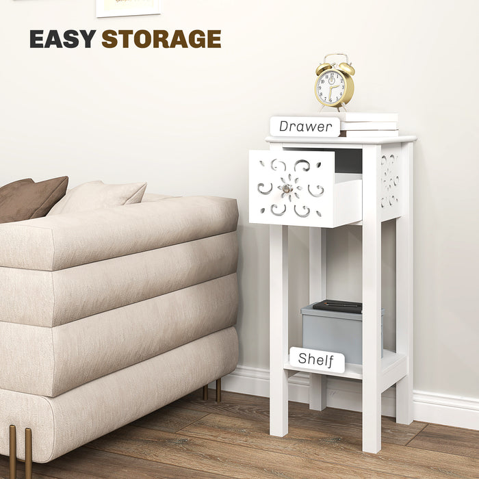 Bedside Table Set, End Table Set with Drawer and Storage Shelf, White