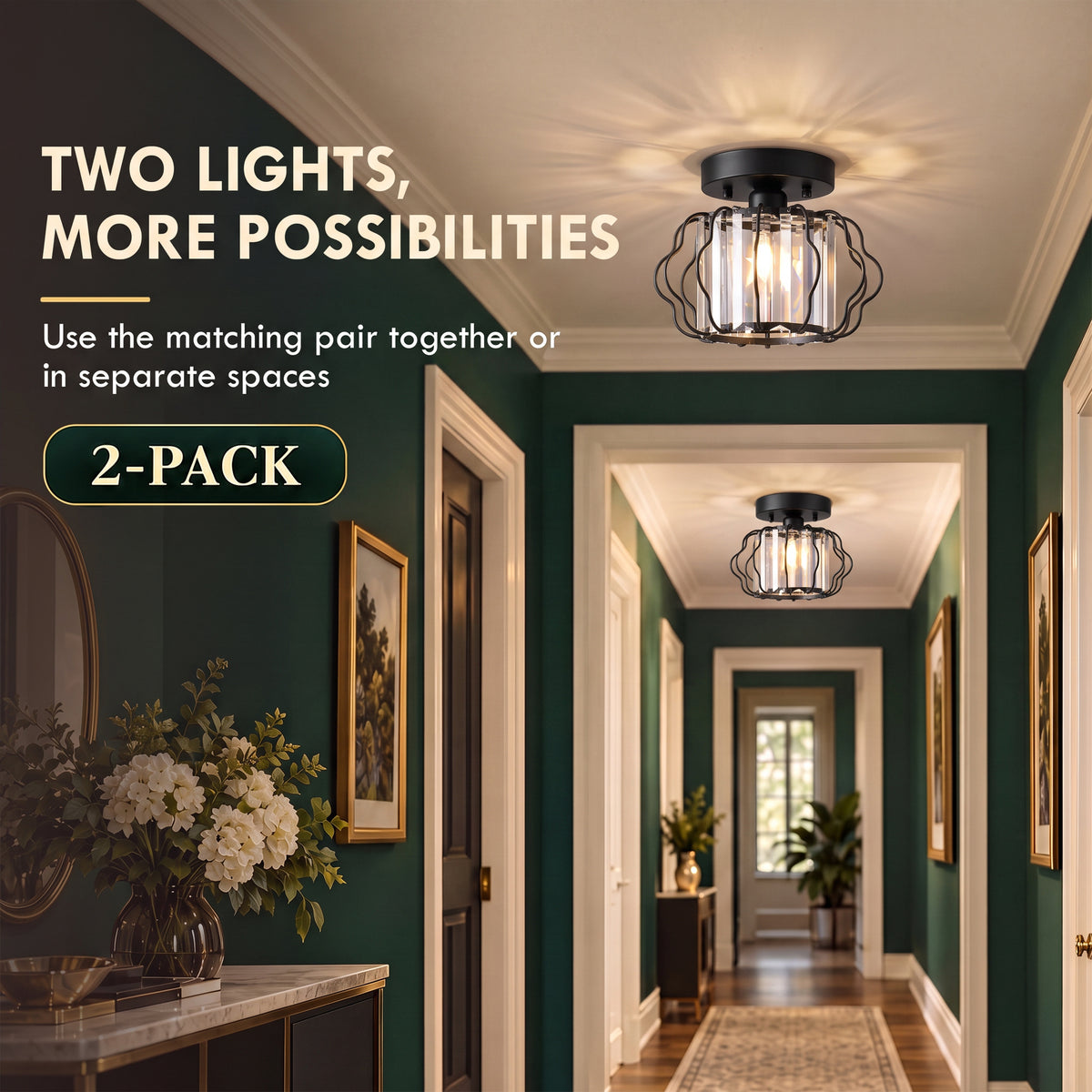 Set of 2 Crystal Ceiling Lights (E27 Bulbs Not Included) - Black