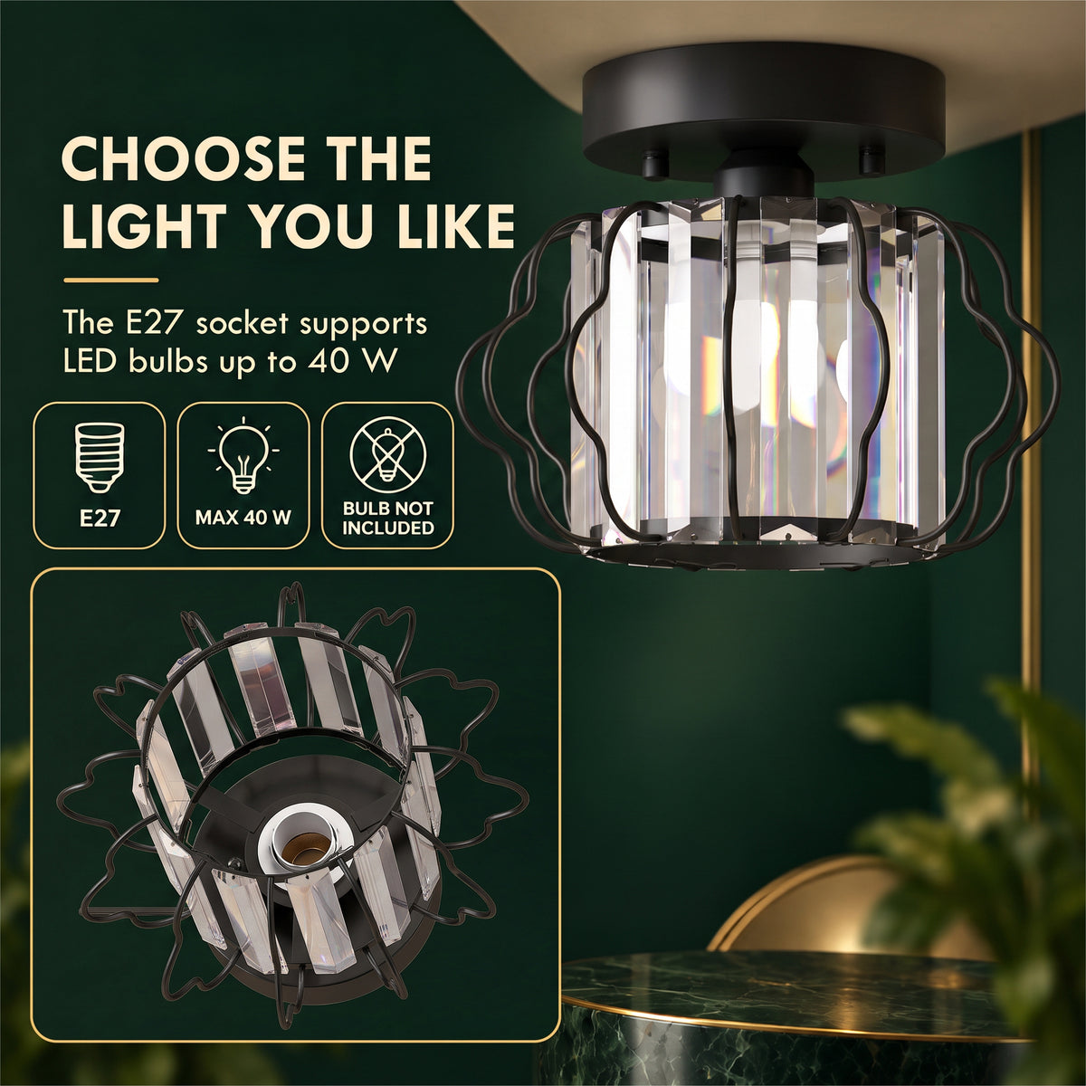 Set of 2 Crystal Ceiling Lights (E27 Bulbs Not Included) - Black