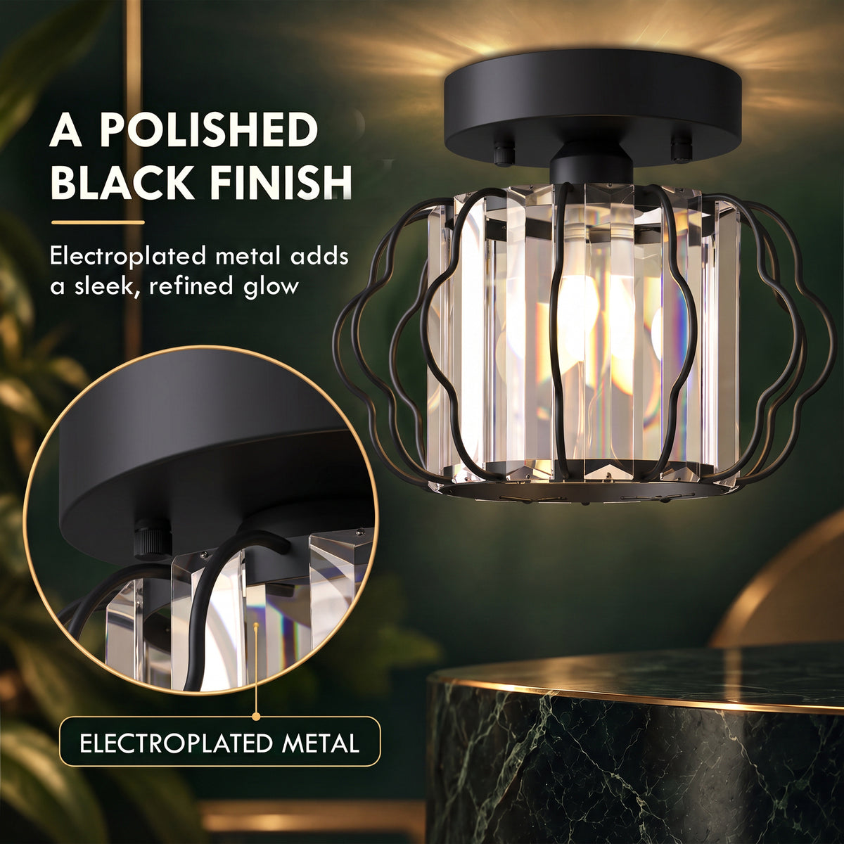 Set of 2 Crystal Ceiling Lights (E27 Bulbs Not Included) - Black