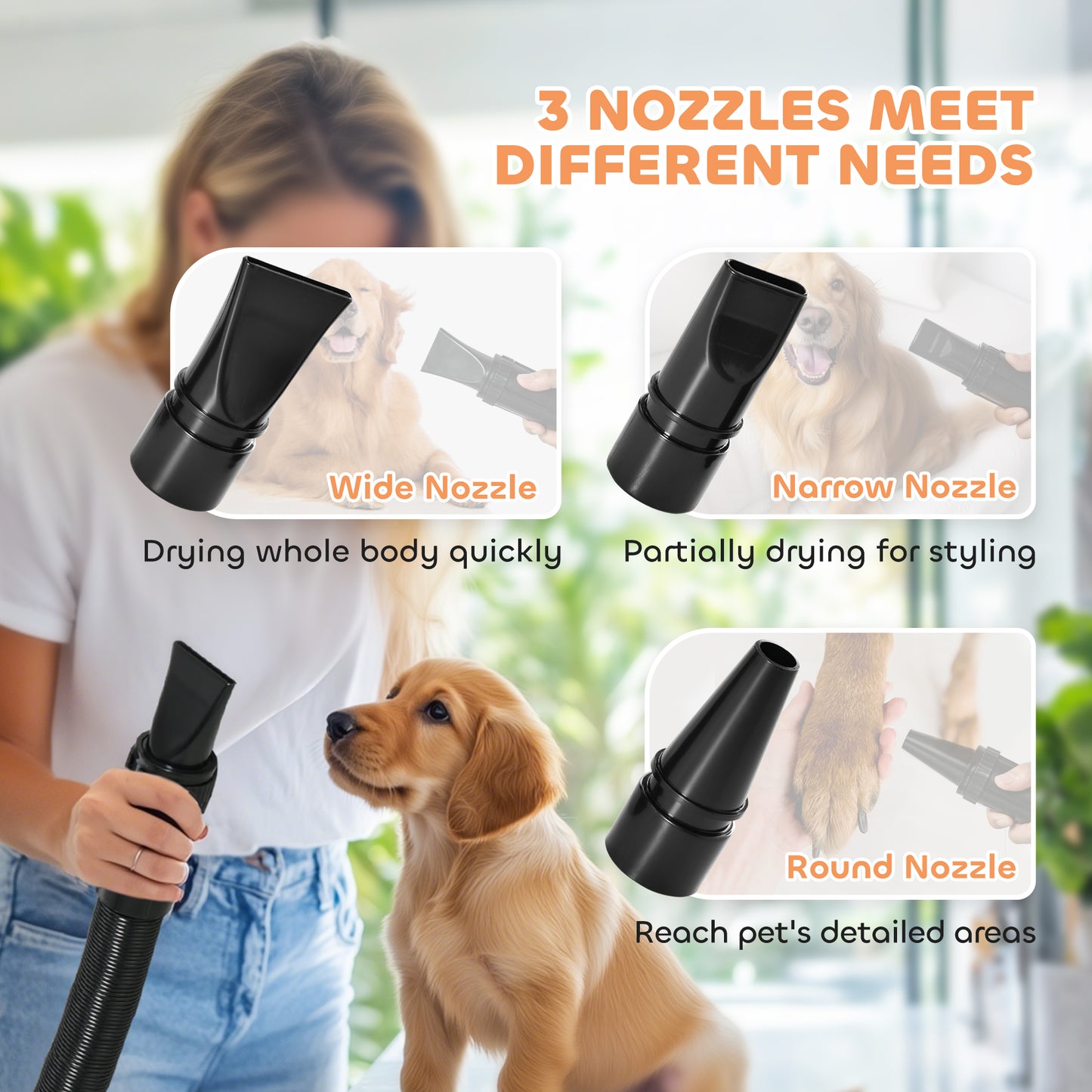 2200W Dog Hair Dryer with Adjustable Temperature & Velocity, Black