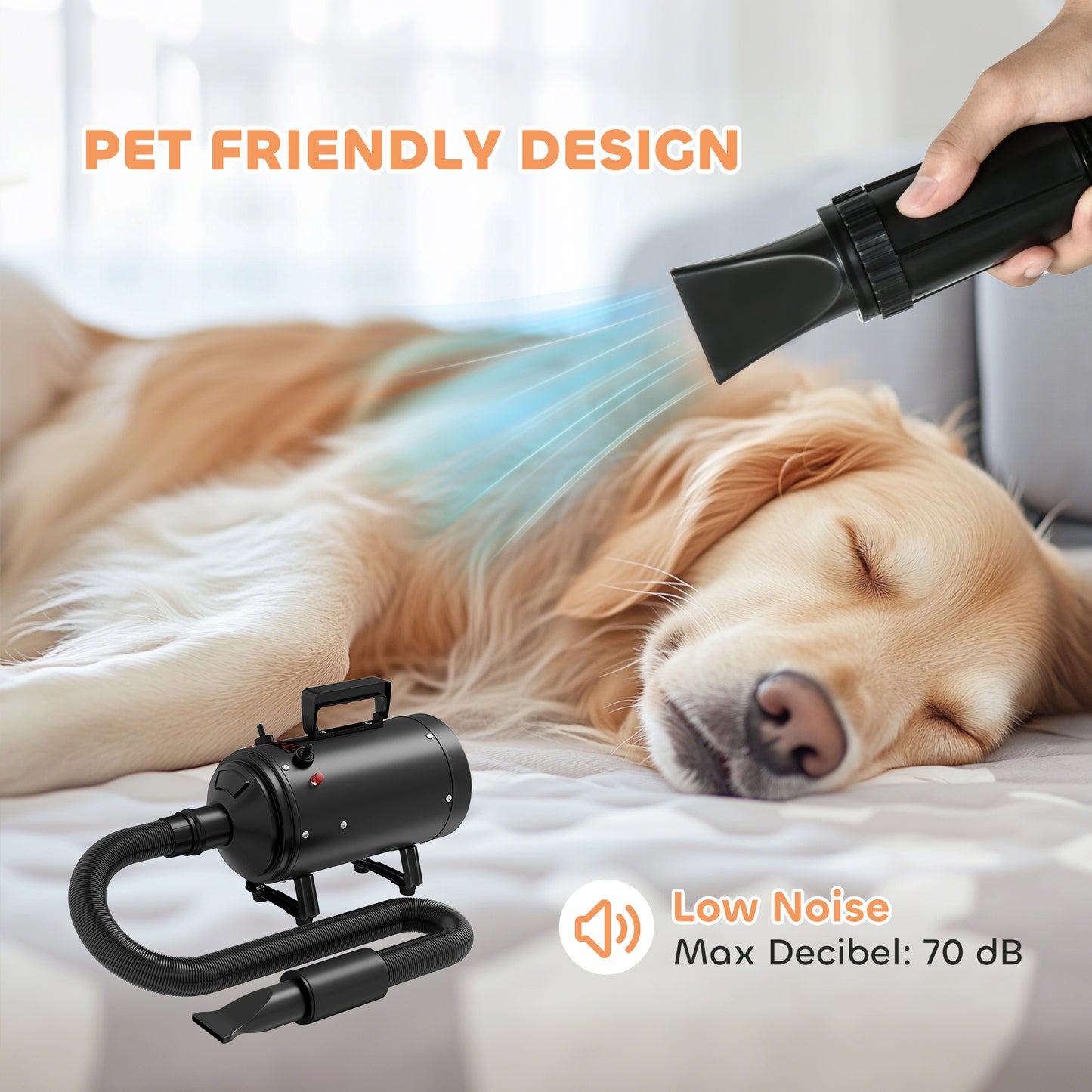 2200W Dog Hair Dryer with Adjustable Temperature & Velocity, Black