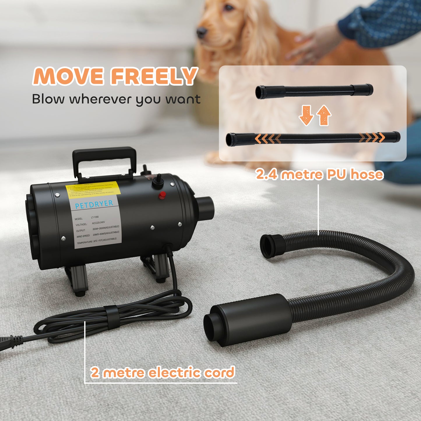 2200W Dog Hair Dryer with Adjustable Temperature & Velocity, Black