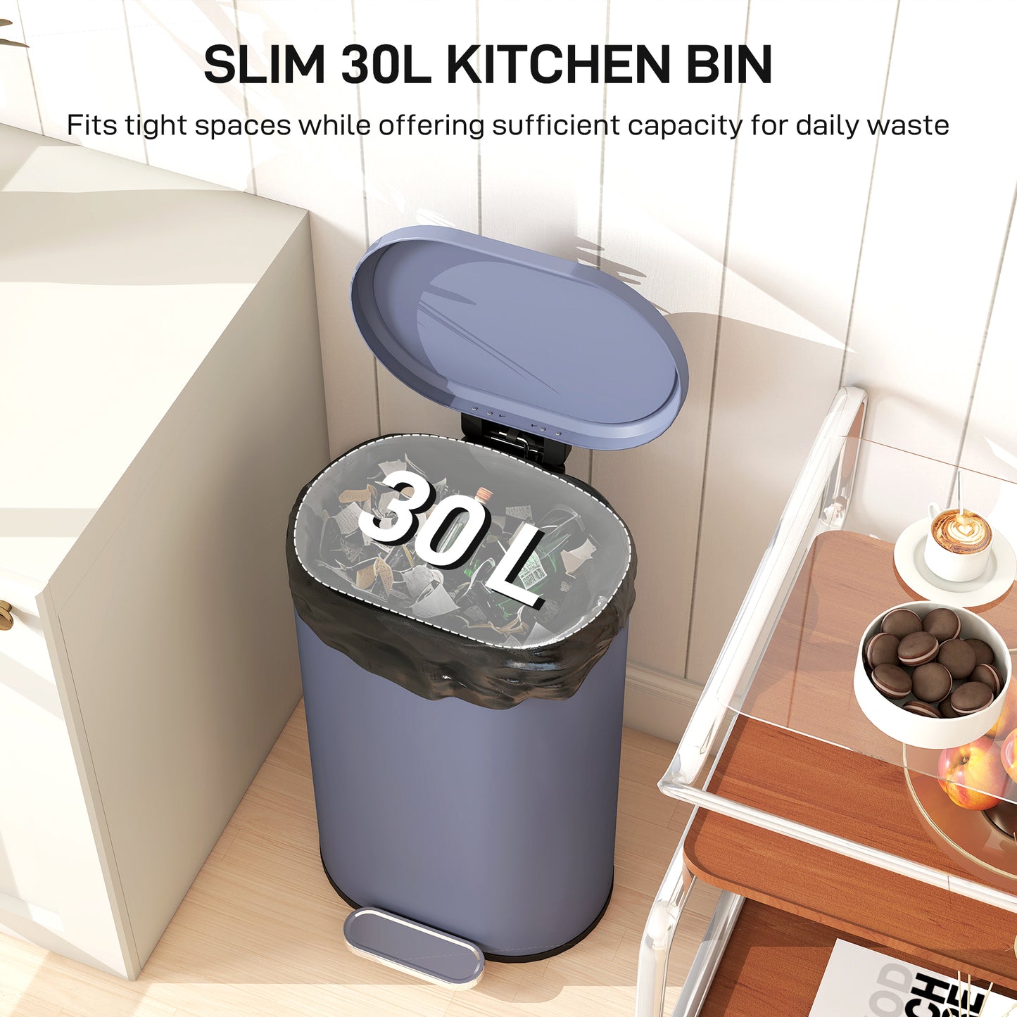 Slim Rectangular Pedal Bin with Soft-Close Lid, 30L Kitchen Bin, Grey
