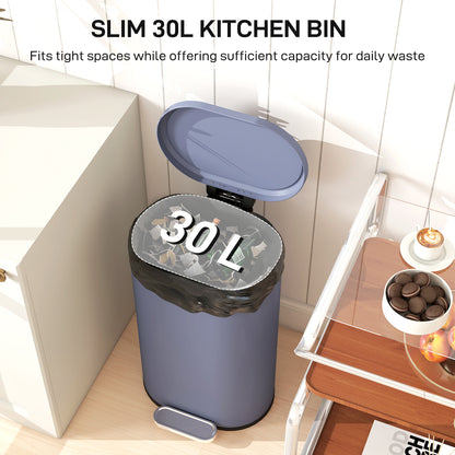 Slim Rectangular Pedal Bin with Soft-Close Lid, 30L Kitchen Bin, Grey