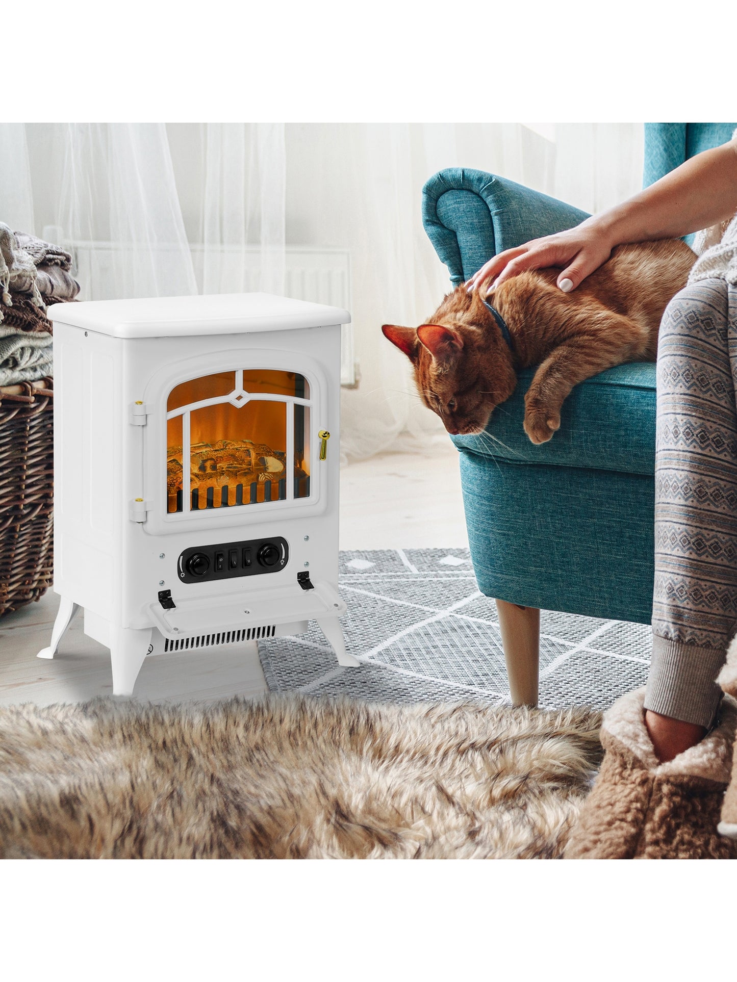 Fireplace Stove Heater Log Burning Flame Electric 1000/2000W White