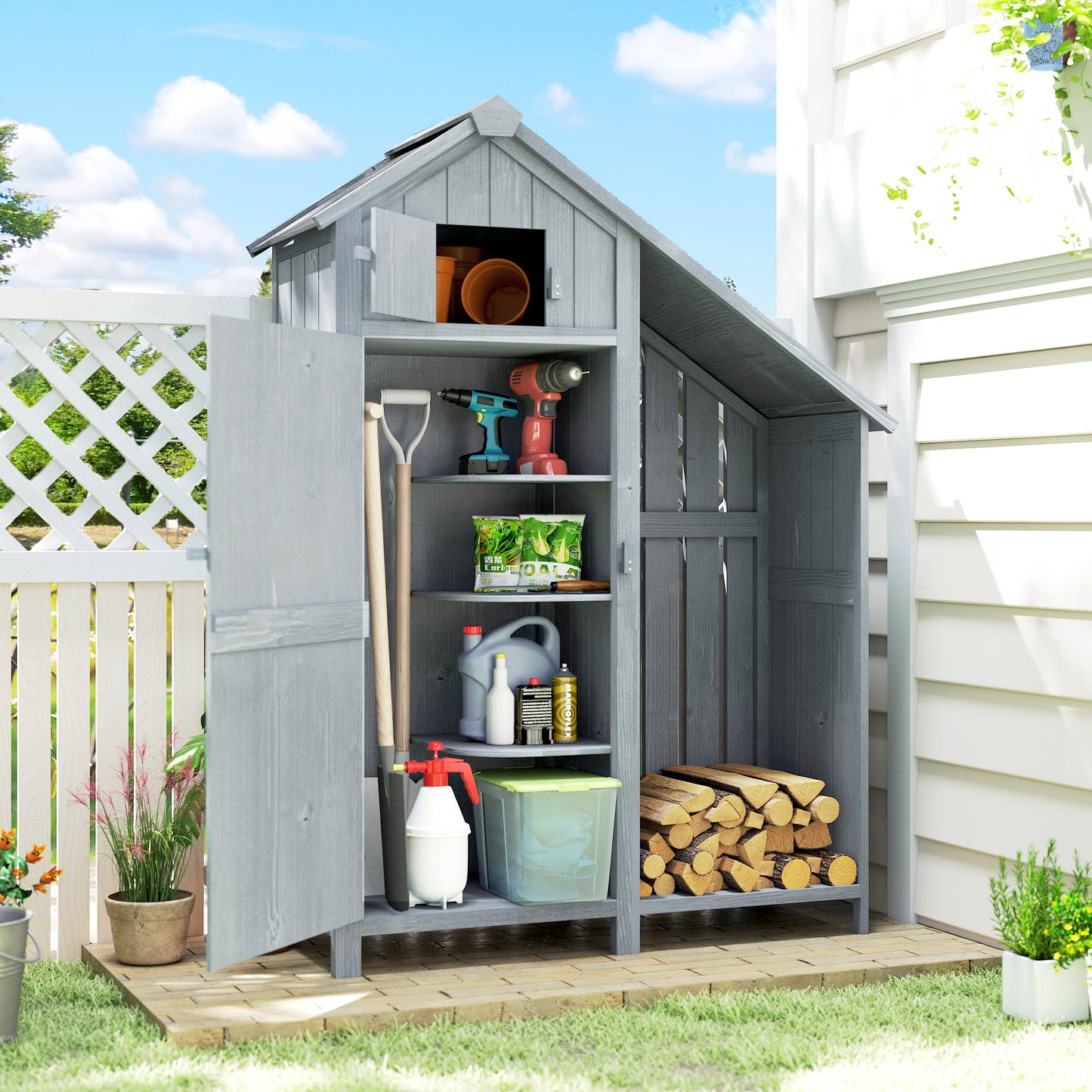 Fir Garden Storage Shed With Shelves Log Rack, For Garden Tools