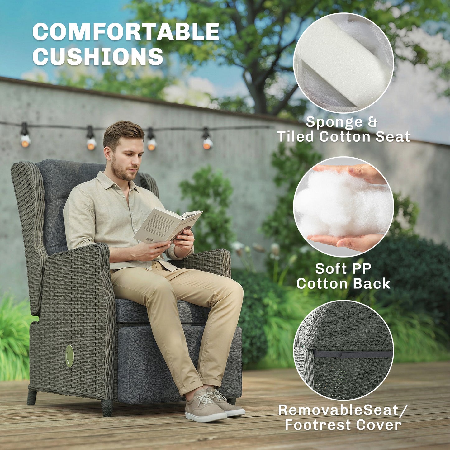 Rattan Garden Recliner Chair with Flip Table, Dark Grey