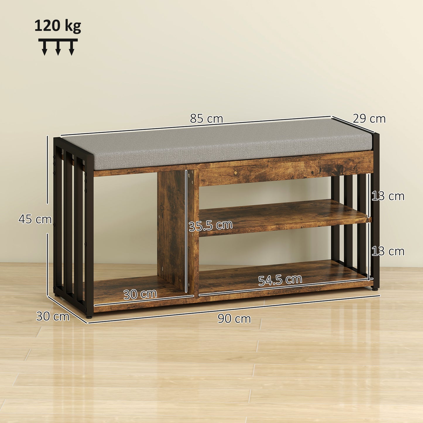 Upholstered Entryway Shoe Bench with Storage Shelves, Rustic Brown