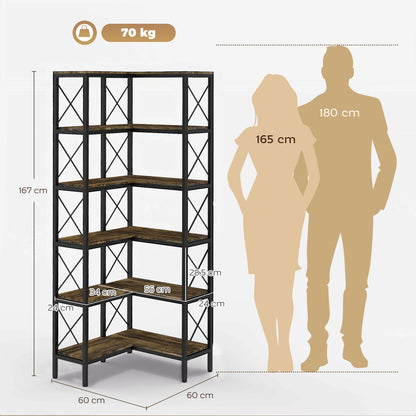 5-Tier Corner Bookshelf, L-Shaped Bookcase, Freestanding Display Shelf with Metal Frame for Living Room, Home Office, Bedroom, 60 x 60 x 167 cm, Rustic Brown