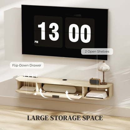 120 cm Floating TV Unit with Flip Drawer and Shelves, Natural