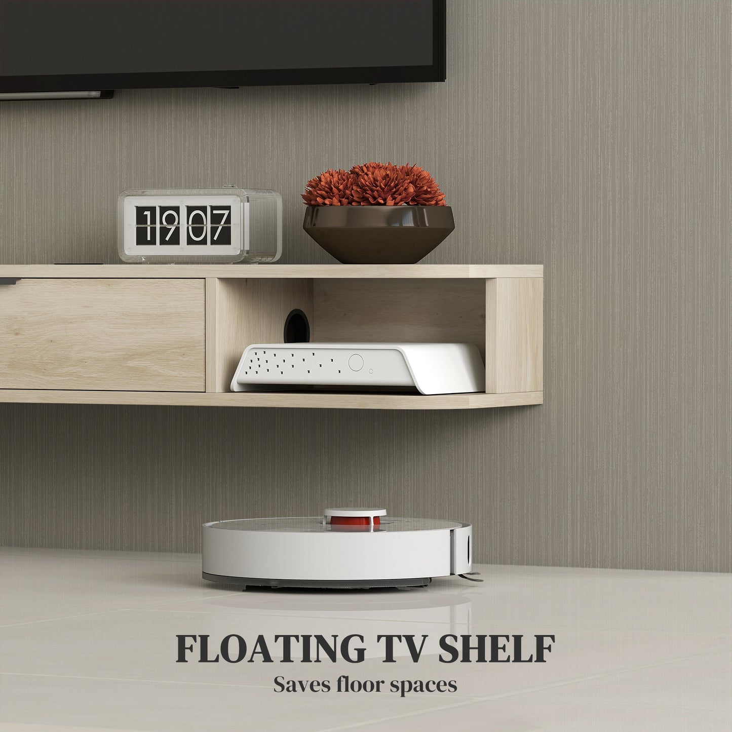 120 cm Floating TV Unit with Flip Drawer and Shelves, Natural