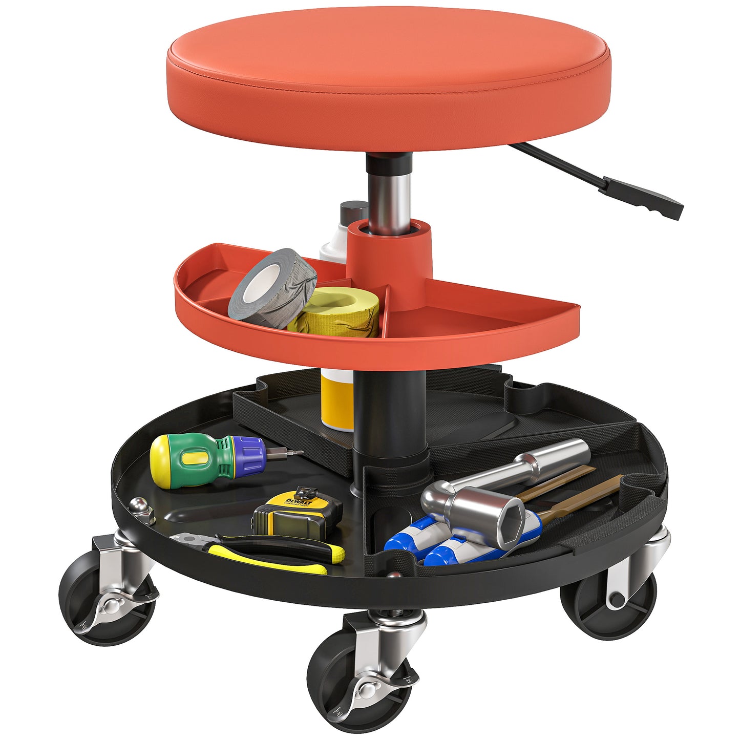 Rolling Mechanic Stool, 135kg Capacity Workshop Stool, 360° Swivel Roller Padded Creeper Seat with Wheels, Tool Trays Storage for Garage, Shop, Auto Repair, Yellow