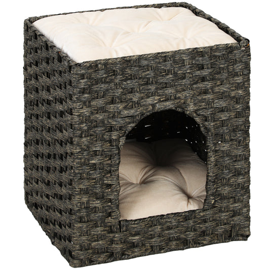 2-Tier Wicker Cat House, Handwoven Rattan Cat Bed with Washable Cushions, Indoor Kitten Condo Hideaway, 43 x 40 x 49 cm, Grey