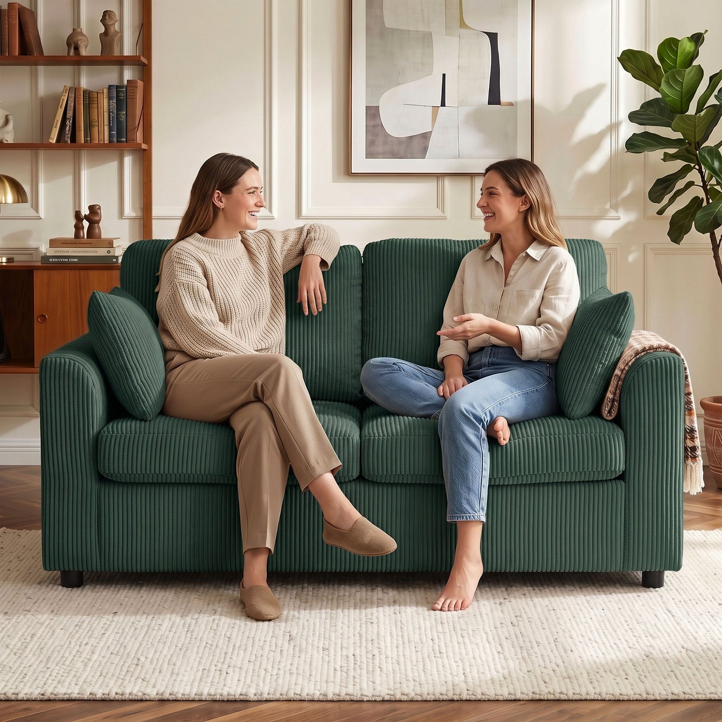 2 Seater Sofa, Corduroy Small Couch with Spring Cushion, Dark Green
