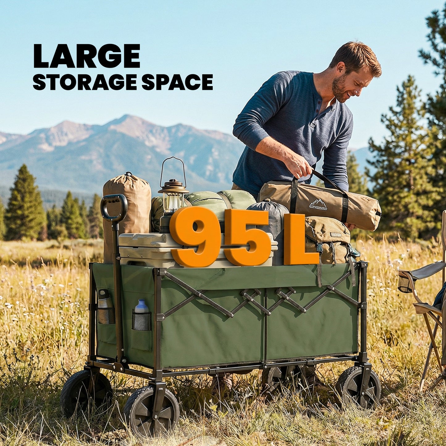 95L Foldable Festival Trolley on Wheels, Dark Green