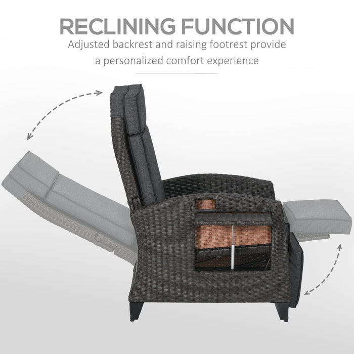 Outdoor Recliner Chair with Adjustable Backrest and Footrest, Cushion, Side Tray, Grey