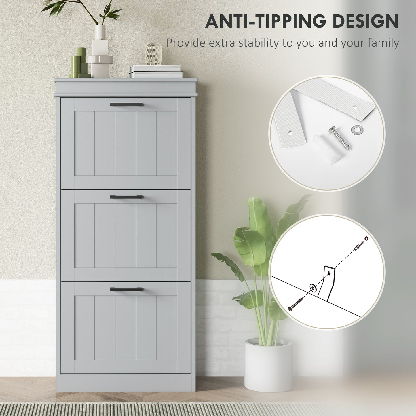 Slim Shoe Storage Cabinet with 3 Flip Drawers for Entryway, Grey