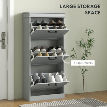 Slim Shoe Storage Cabinet with 3 Flip Drawers for Entryway, Grey