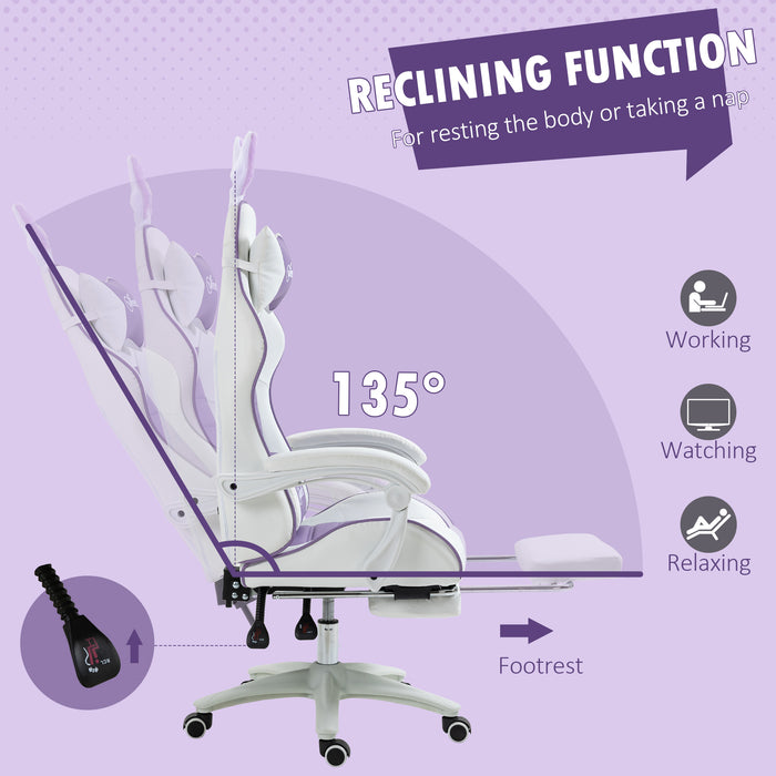 Racing Gaming Chair, Reclining PU Leather Computer Chair with Removable Rabbit Ears, Footrest, Headrest and Lumber Support, Purple