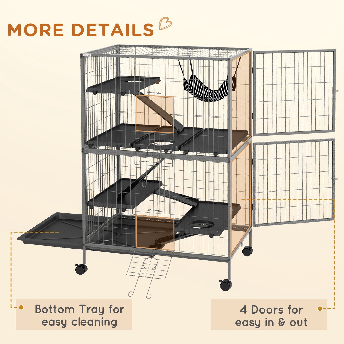 Small Animal Cages for Chinchilla Ferret Kitten on Wheels W/ Hammock Tray