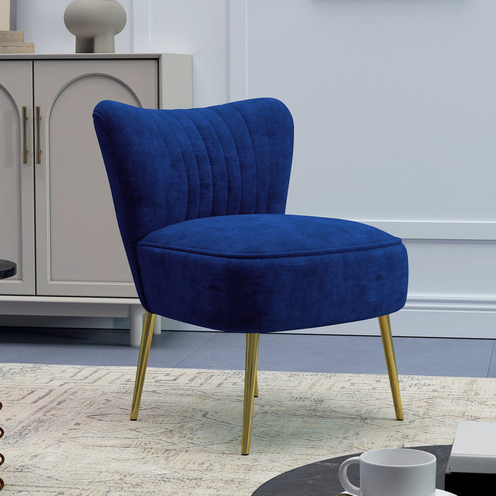 Accent Chair, Velvet Armless Lounge Chair with Gold Tone Steel Legs, Upholstered Occasional Tub Chair for Bedroom, Living Room, Blue