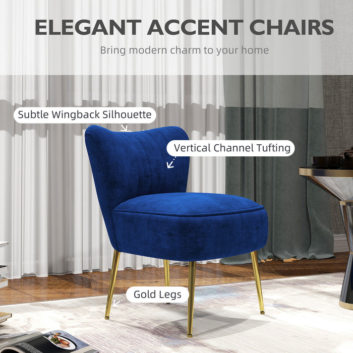 Accent Chair, Velvet Armless Lounge Chair with Gold Tone Steel Legs, Upholstered Occasional Tub Chair for Bedroom, Living Room, Blue