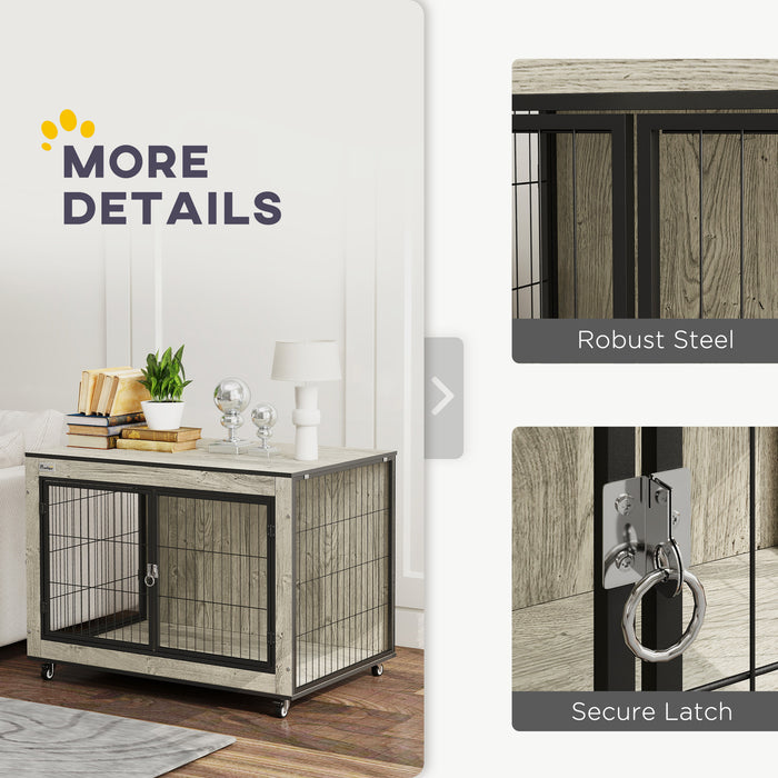 Dog Crate Furniture on Wheels, Dog Cage End Side Table with Lockable Double Doors, for Medium Dogs, 80 x 56 x 62.5cm, Grey