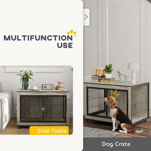 Dog Crate Furniture on Wheels, Dog Cage End Side Table with Lockable Double Doors, for Medium Dogs, 80 x 56 x 62.5cm, Grey